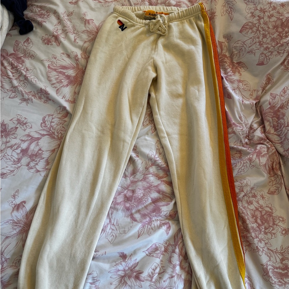 Aviator Nation Cream Joggers with Orange and Yellow Stripes